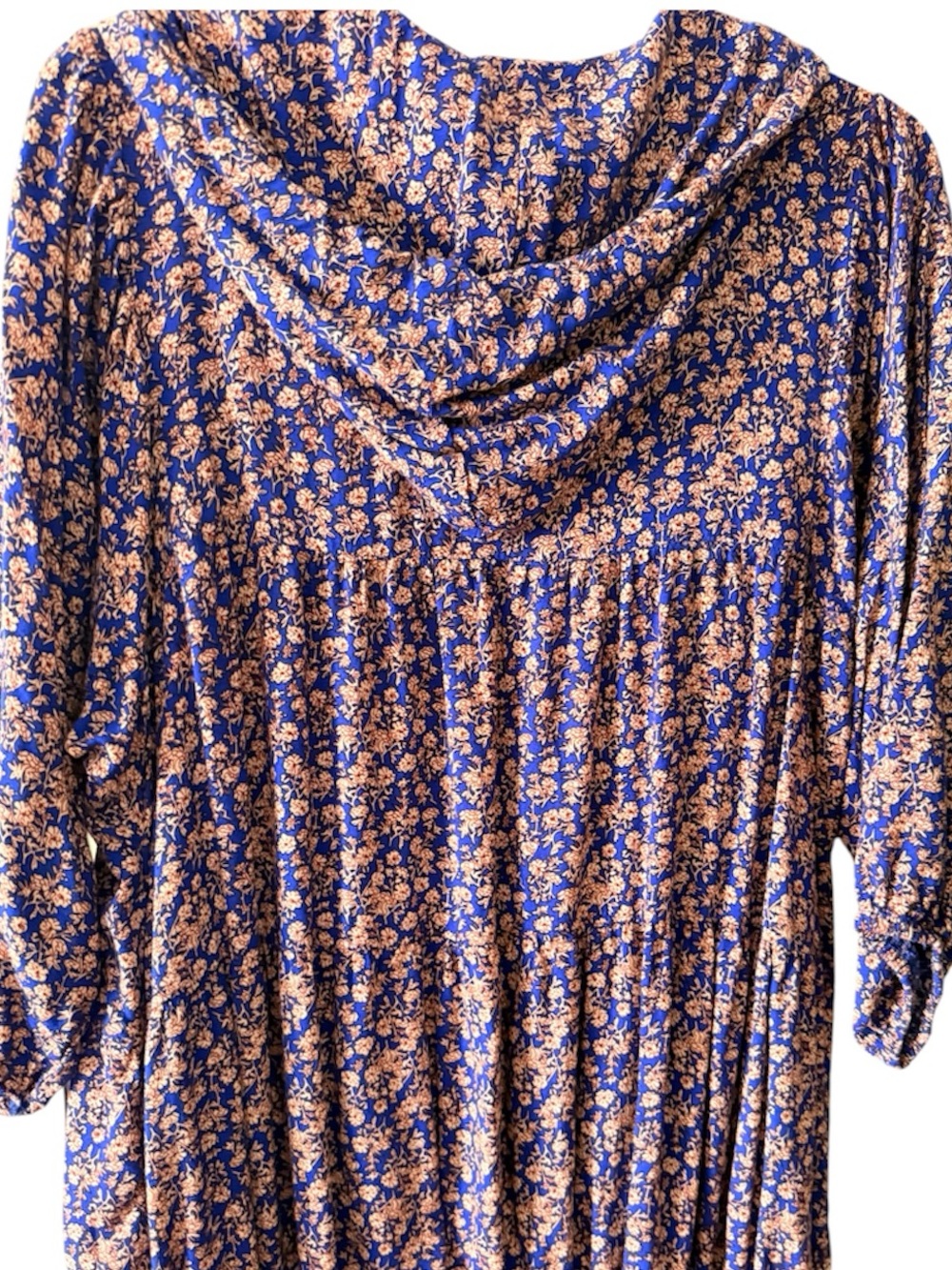 Blue Floral Puff-Sleeve Cowl Hoodie Boho Top